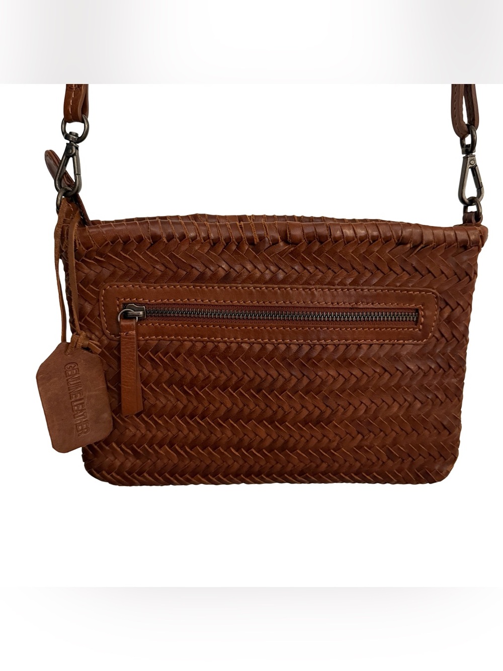 Woven Genuine Leather Crossbody Bag Brown Convertible Wristlet Boho India